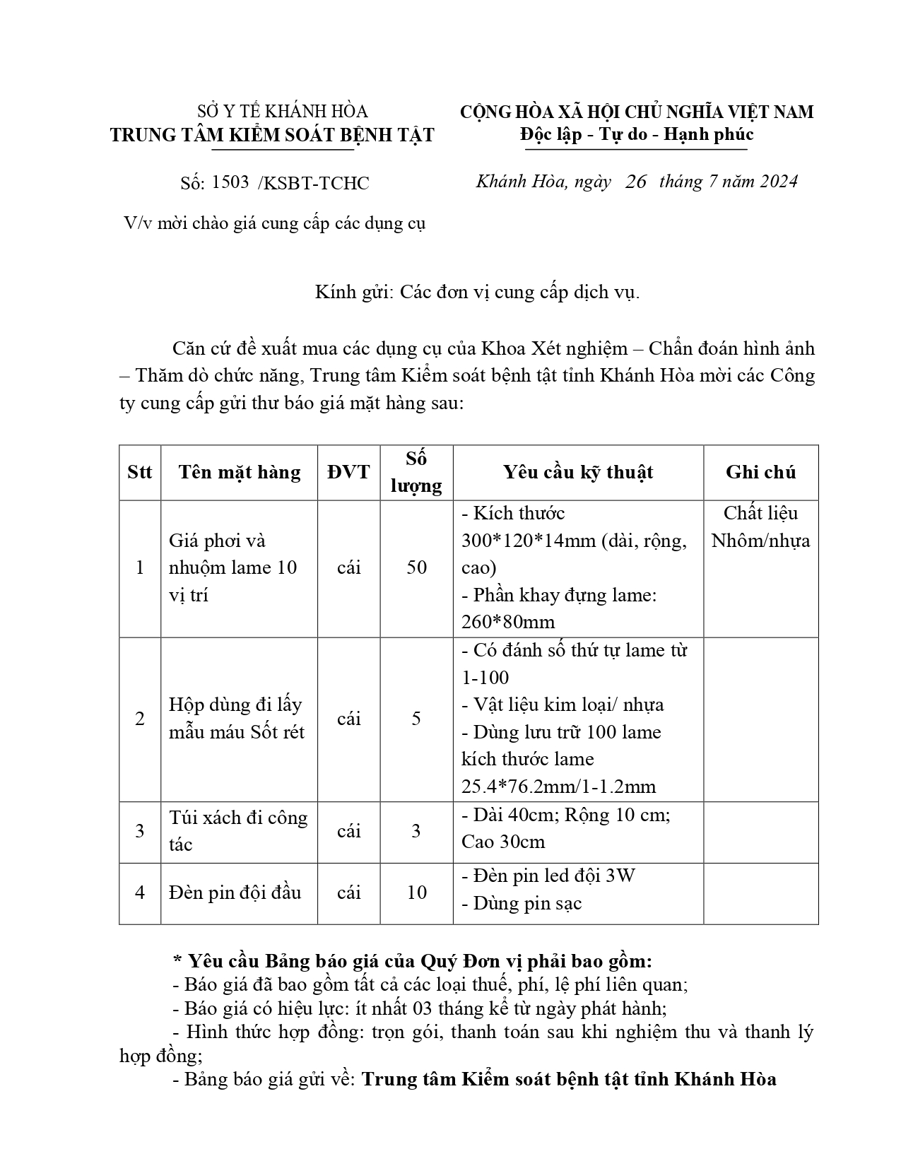 V/v mời chào giá cung cấp các dụng cụ